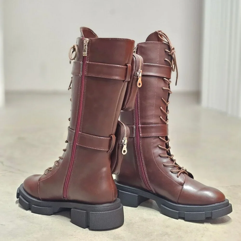 Lace-Up Wine Combat Boots With Detachable Utility Pouches & Side Zippers For Wom - Picture 5 of 12